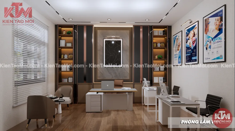 Phòng làm việc nội thất nha khoa với tủ gỗ đèn hắt và sàn gỗ ấm