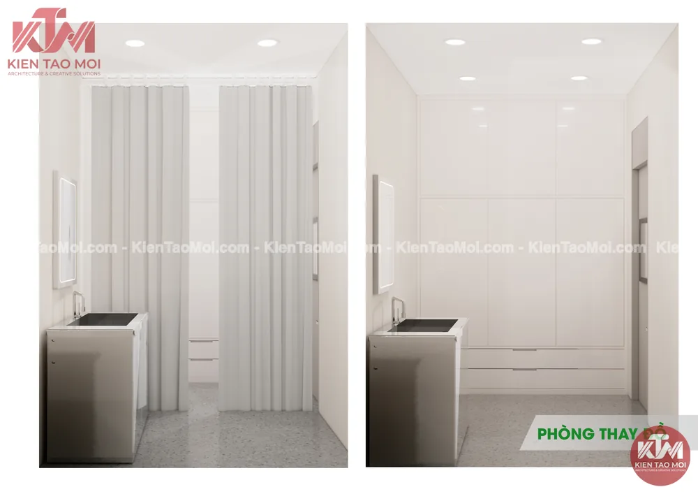 Phòng thay đồ nội thất spa da liễu với rèm vải và lavabo inox
