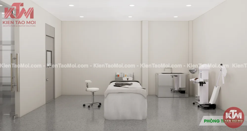 Phòng thủ thuật thiết kế phòng khám da liễu với giường và máy laser
