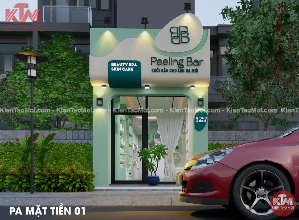 Phương án mặt tiền thiết kế spa chăm sóc da liễu sơn xanh mint