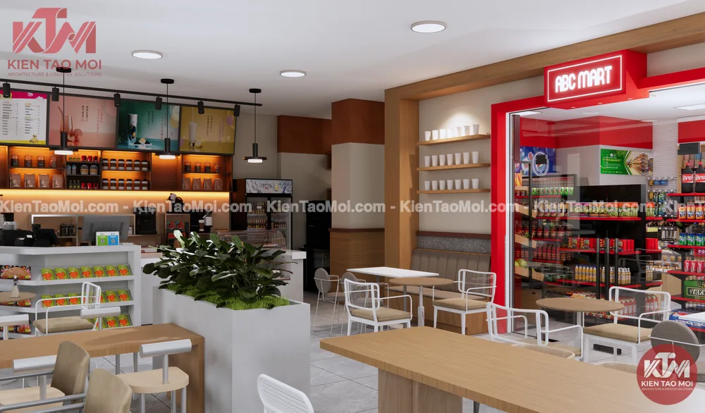 Cửa liên thông viền đỏ trong thiết kế quán cafe kết hợp siêu thị mini, tường gỗ