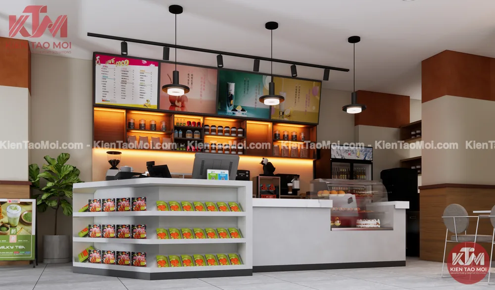 Quầy bar cafe với ba đèn thả trần, kệ gỗ trưng bày và tủ bánh kính