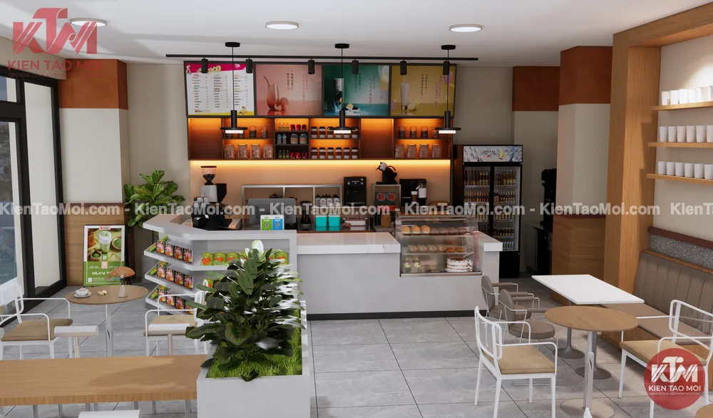 Quầy bar kết hợp tủ bánh ngọt trong thiết kế quán cafe, đèn LED hắt ấm