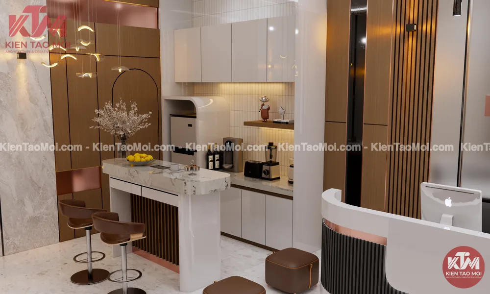 Quầy bar pantry mặt đá marble trắng vân xám trong phòng chờ