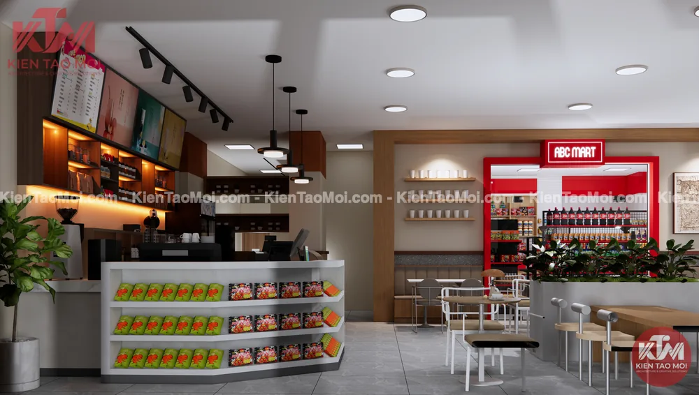 Quầy bar tích hợp kệ trưng bày sản phẩm trong mẫu thiết kế quán cafe kết hợp siêu thị