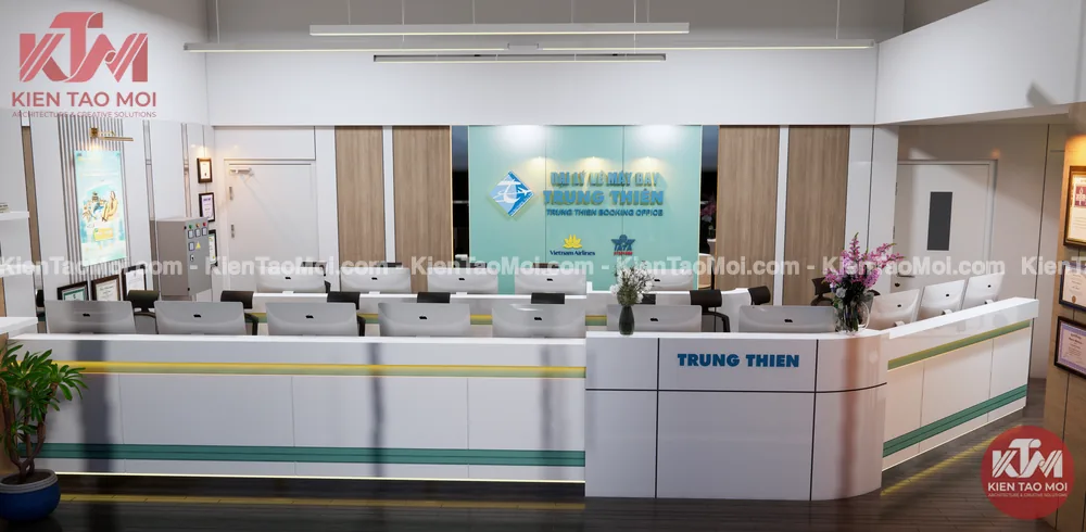 Phối cảnh nội thất phòng vé máy bay sang trọng hiện đại, quầy giao dịch trắng viền xanh ngọc