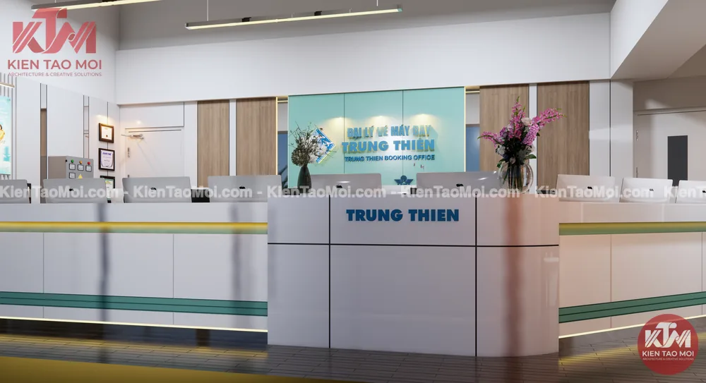 Quầy lễ tân bo cong nội thất phòng vé máy bay, bình hoa tươi trang trí
