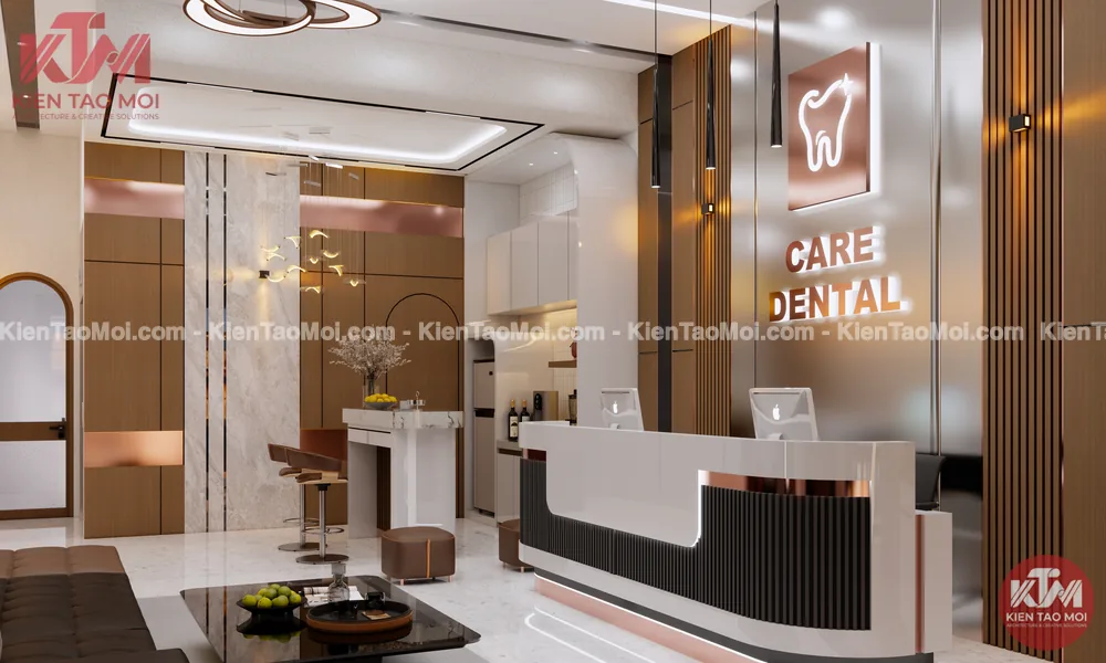 Quầy lễ tân cong chữ U trong thiết kế phòng khám nha khoa, tường logo nổi
