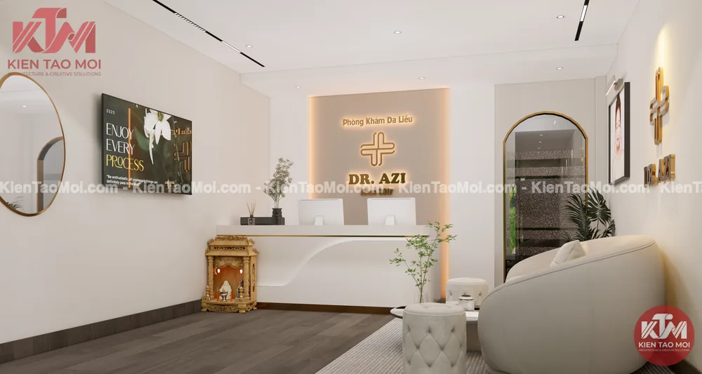 Quầy lễ tân nội thất phòng khám da liễu bo cong, logo đèn hắt