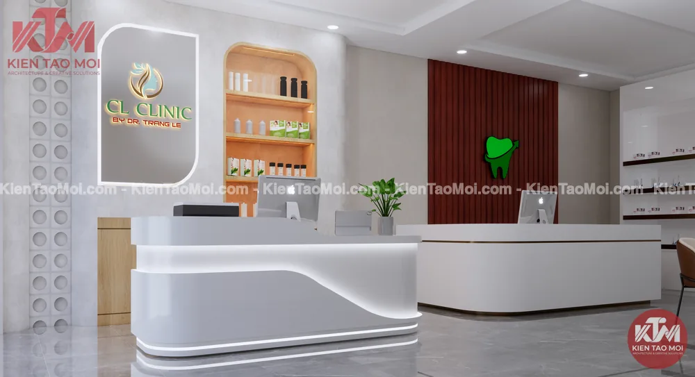 Quầy lễ tân nội thất phòng khám da liễu đèn LED Quầy lễ tân nội thất phòng khám da liễu, đèn LED hắt viền trắng