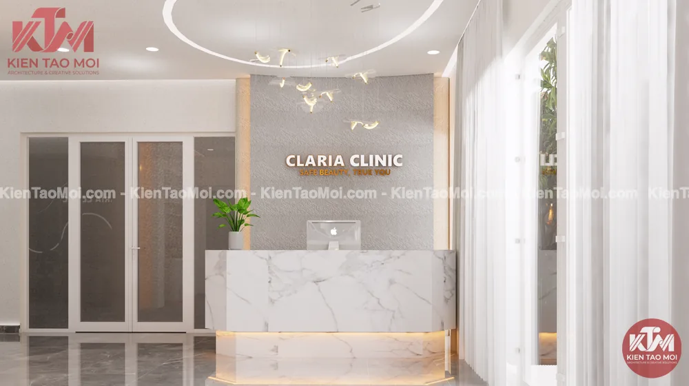 Quầy lễ tân đá marble trong thiết kế phòng khám da liễu Quầy lễ tân thiết kế phòng khám da liễu ốp đá marble trắng