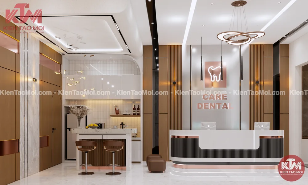 Mẫu thiết kế phòng khám nha khoa đẹp với quầy lễ tân trắng đen và quầy pantry