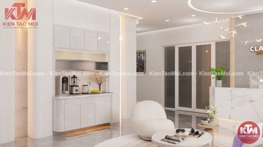 Quầy nước tiếp khách nội thất phòng khám da liễu Quầy nước nội thất phòng khám da liễu, tủ trắng bóng đèn hắt