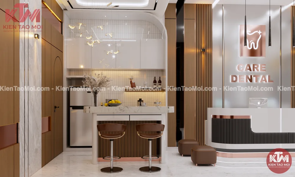 Quầy pantry nội thất nha khoa với ghế bar da nâu và tủ bếp trắng bóng