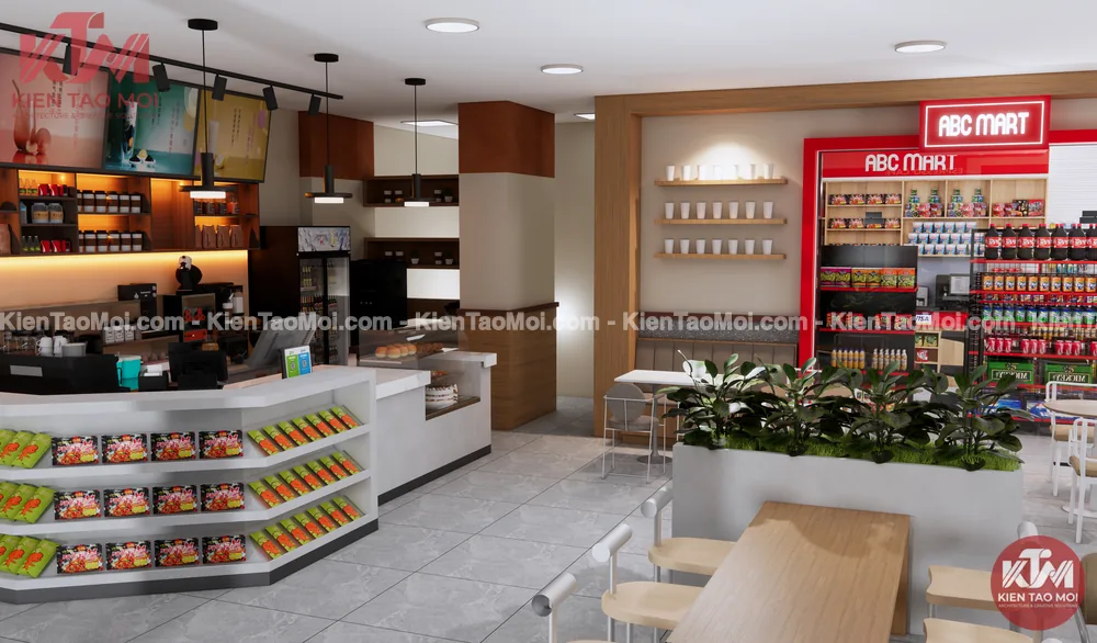 Quầy thu ngân trong thiết kế quán cafe kết hợp siêu thị mini, nhìn sang cửa siêu thị