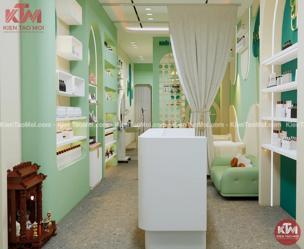 Quầy tư vấn phòng chăm sóc điều trị da liễu, sofa xanh bo tròn