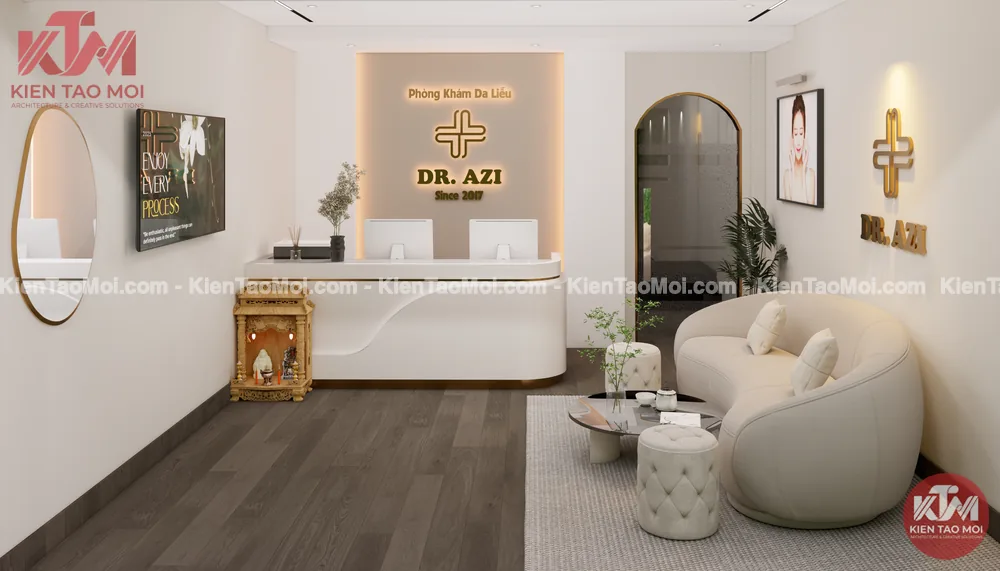Sảnh chờ thiết kế phòng khám da liễu, cửa vòm viền đồng và gương