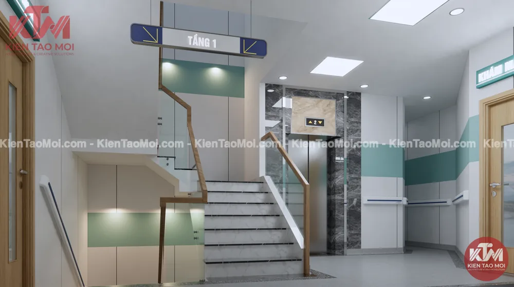 Sảnh lầu 1 phòng khám đa khoa, biển chỉ dẫn tầng