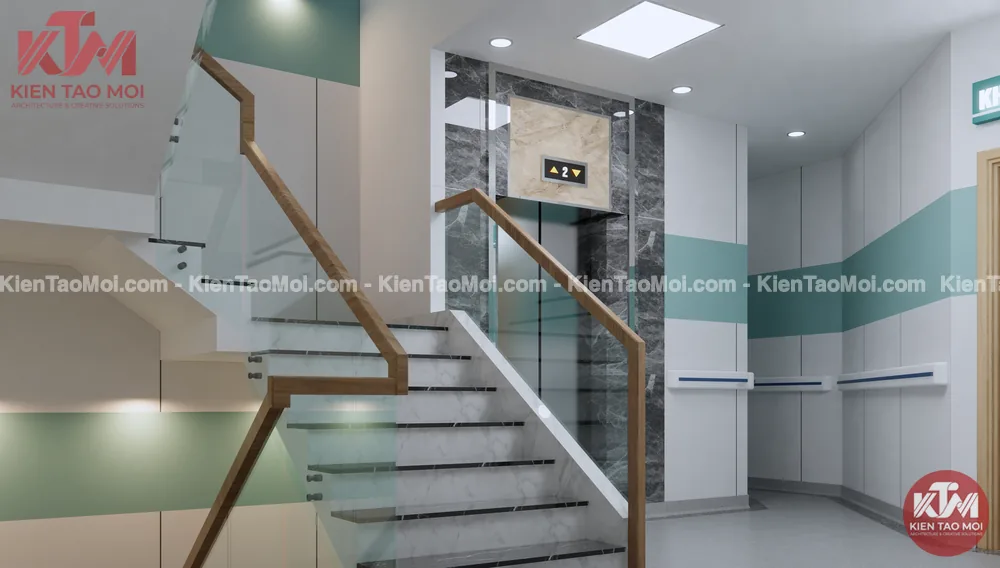 Sảnh lầu 1 thiết kế phòng khám đa khoa, lan can kính tay vịn
