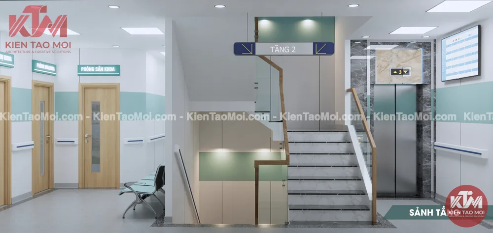 Sảnh lầu 2 phòng khám đa khoa, biển tầng 2 thang máy