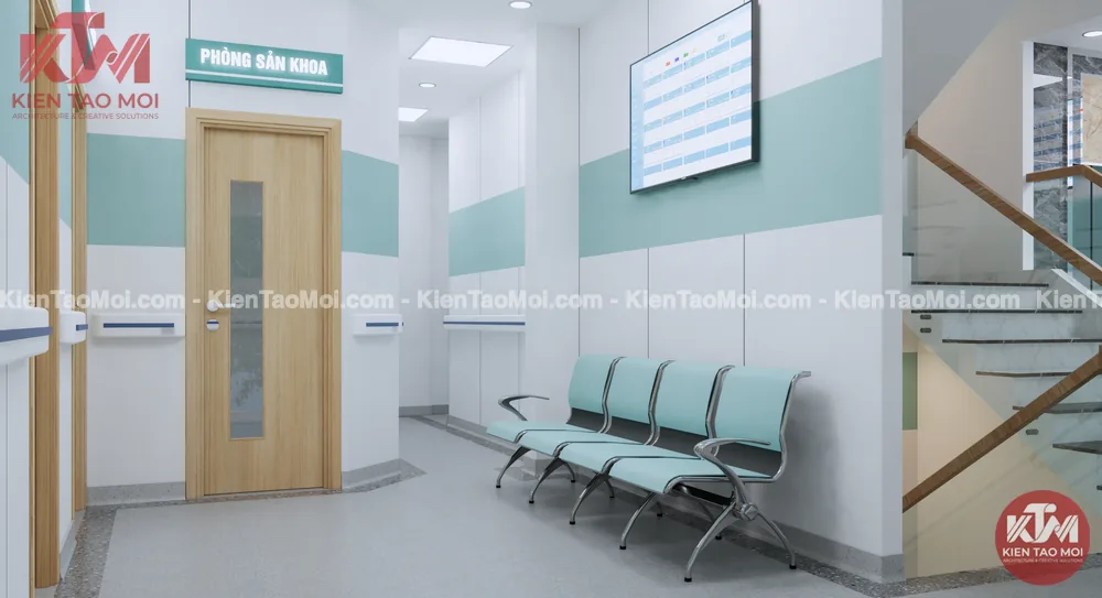 Sảnh lầu 2 phòng khám đa khoa, ghế chờ cửa phòng
