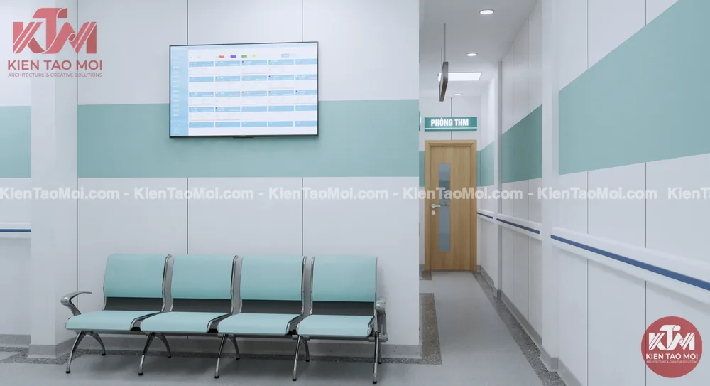 Sảnh lầu 2 nội thất phòng khám đa khoa, bảng lịch khám