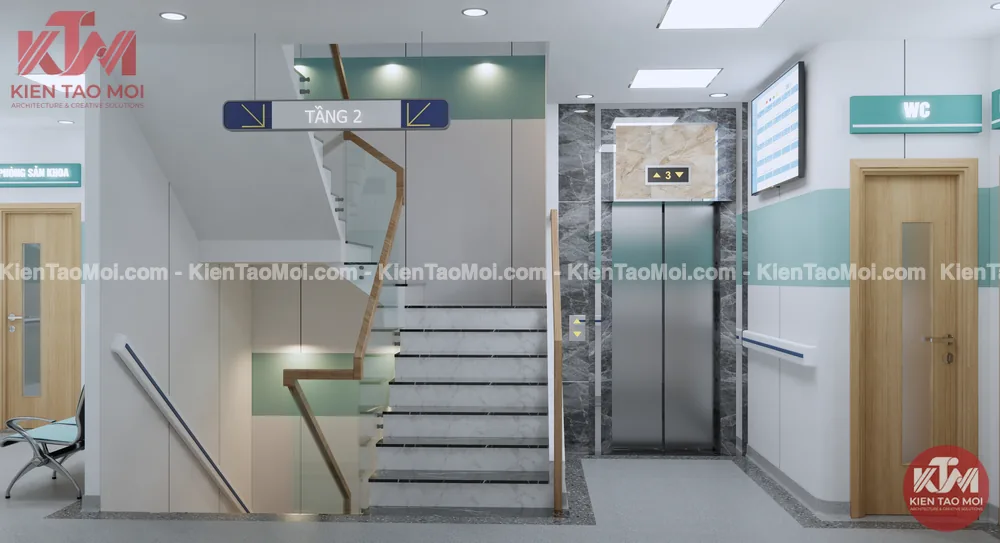 Sảnh lầu 2 mẫu thiết kế phòng khám đa khoa, cầu thang thang máy
