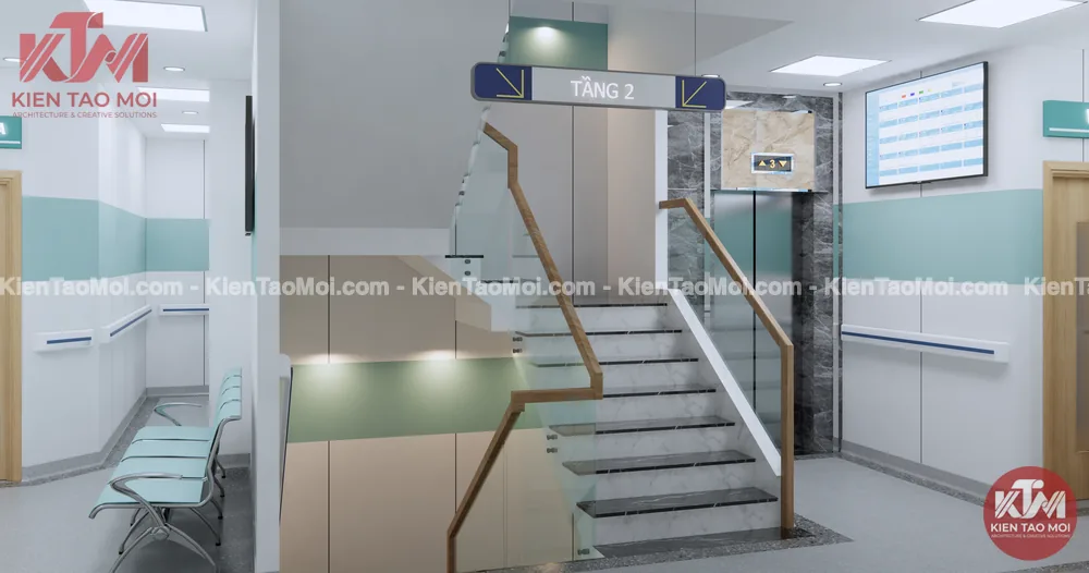 Sảnh lầu 2 thiết kế phòng khám đa khoa, lan can kính