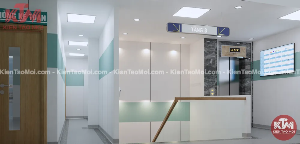 Sảnh lầu 3 nội thất phòng khám đa khoa, hành lang phòng kế toán