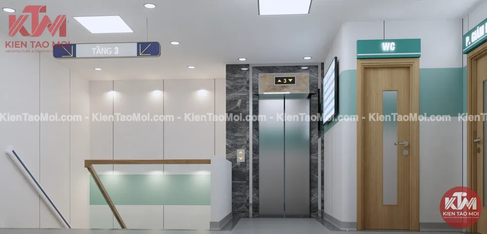 Sảnh lầu 3 thiết kế phòng khám đa khoa, thang máy cửa vệ sinh