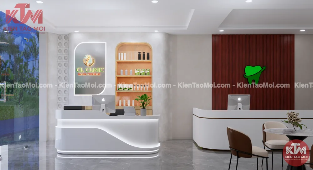 Sảnh lễ tân thiết kế phòng khám da liễu hiện đại Sảnh lễ tân thiết kế phòng khám da liễu với quầy trắng bo cong