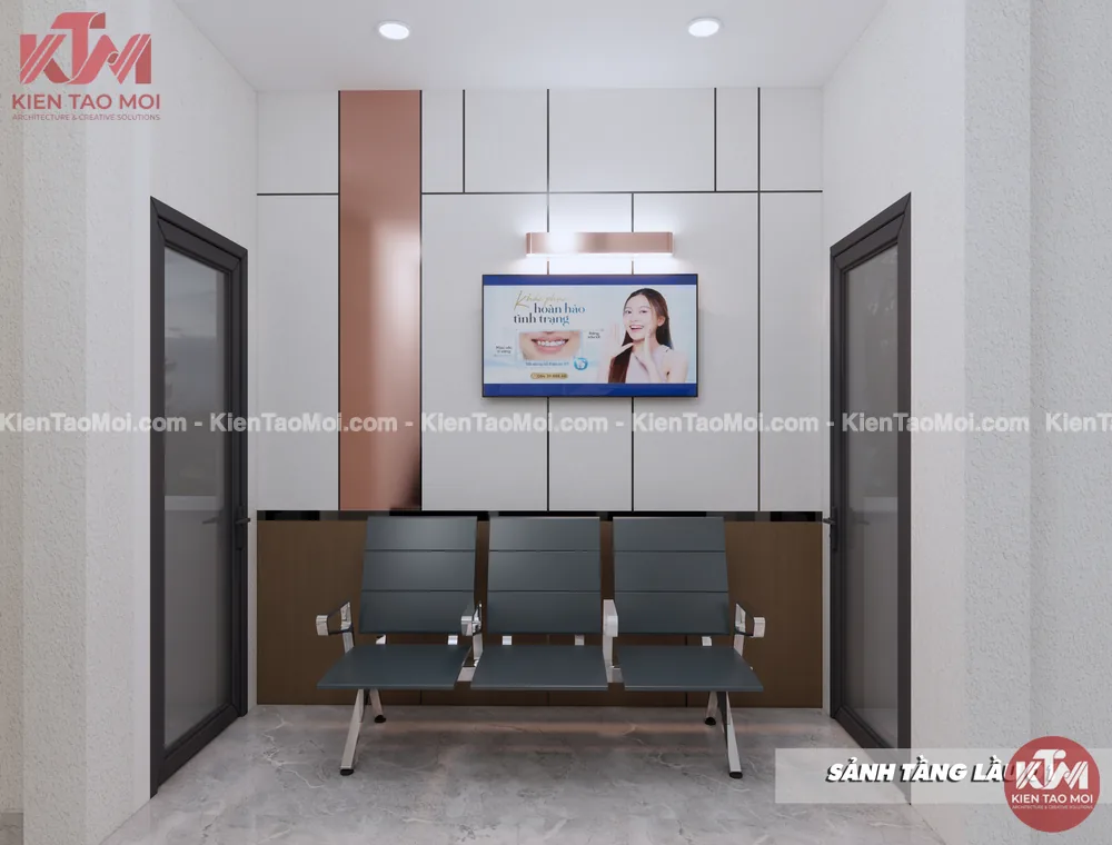 Sảnh thang máy lầu 1 trong thiết kế phòng khám nha khoa, băng ghế chờ inox