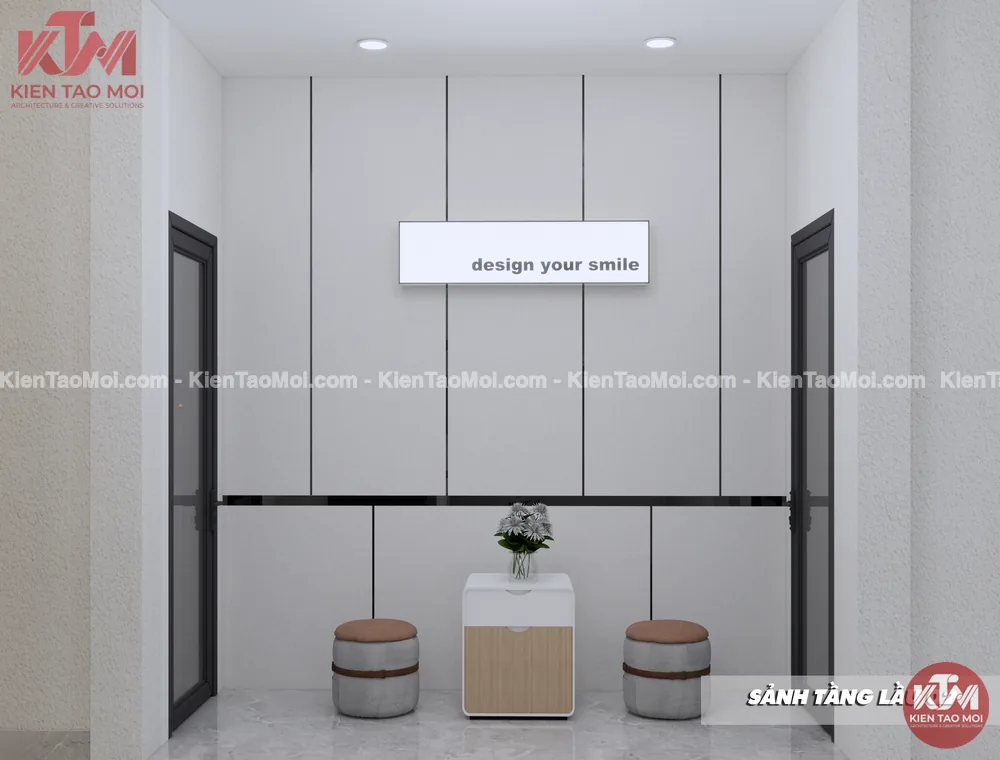 Sảnh lầu 2 mẫu thiết kế phòng khám nha khoa đẹp, ghế đôn da và tường ốp tấm