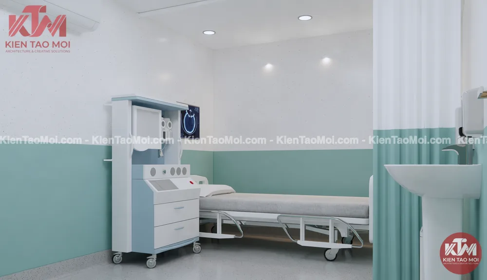 Phòng siêu âm tầng lửng phòng khám đa khoa, lavabo rèm ngăn