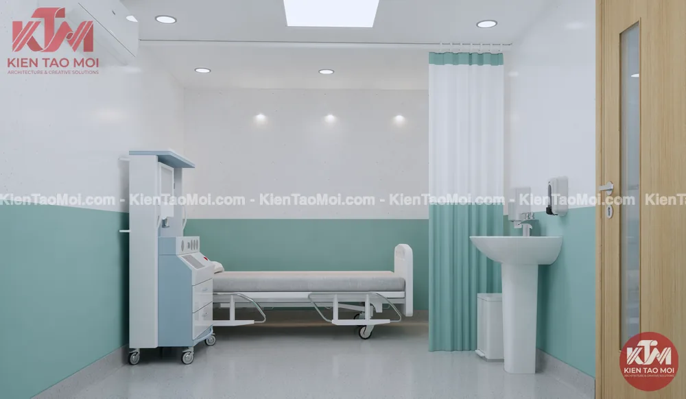 Phòng siêu âm tầng lửng phòng khám đa khoa, rèm xanh cửa gỗ