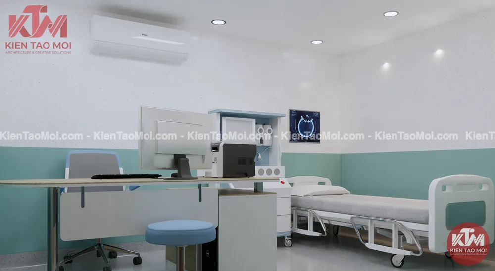 Thiết kế nội thất phòng siêu âm tầng lửng, bàn bác sĩ giường