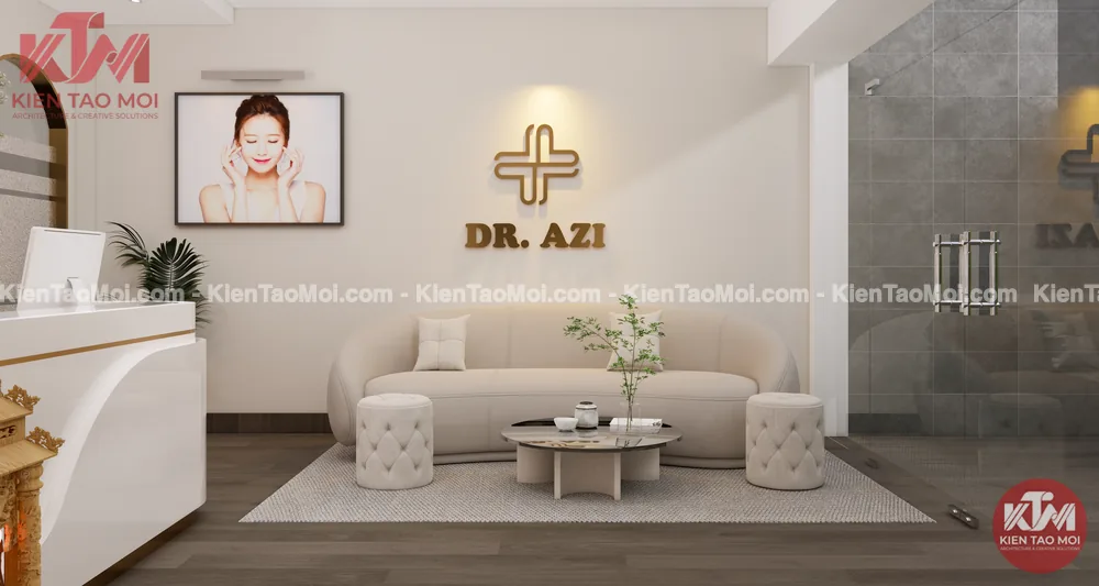 Sofa chờ thiết kế phòng khám da liễu bên logo chữ đồng nổi