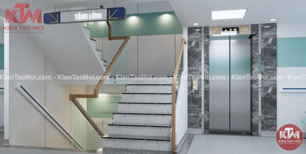 Sảnh tầng lửng phòng khám đa khoa, cửa thang ốp đá