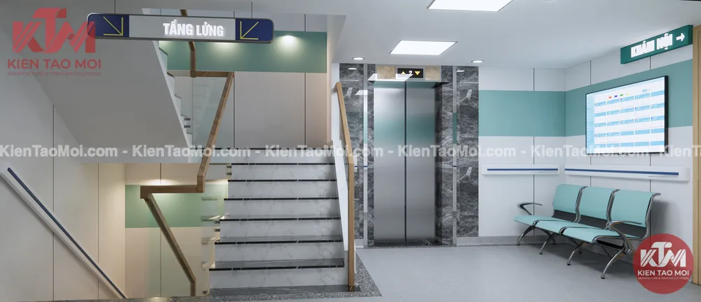 Sảnh tầng lửng phòng khám đa khoa, màn hình lịch khám
