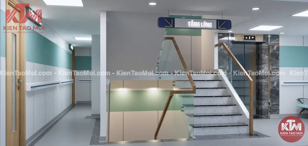 Sảnh tầng lửng thiết kế nội thất phòng khám, hành lang phòng khám