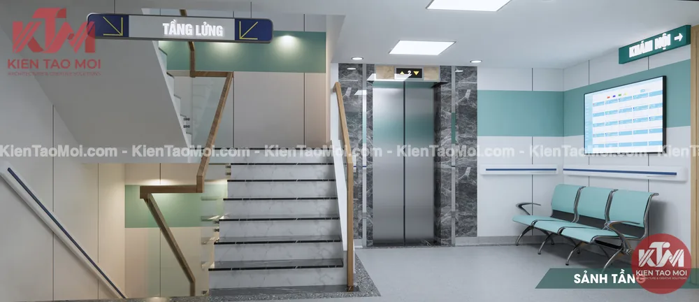 Sảnh tầng lửng nội thất phòng khám đa khoa, thang máy ghế chờ