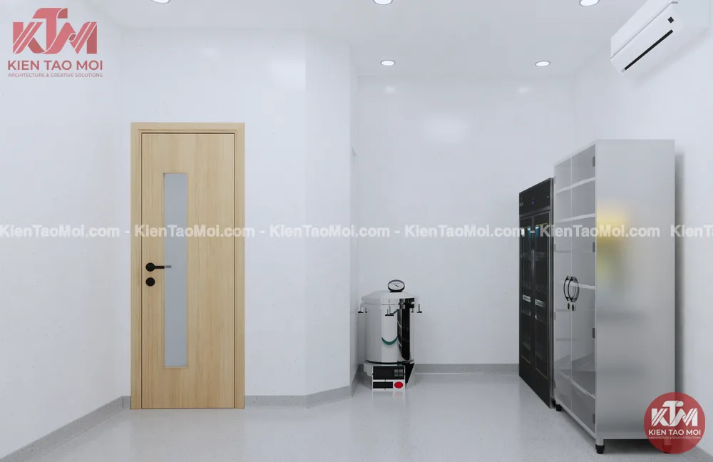 Phòng thanh trùng nội thất phòng khám đa khoa, cửa gỗ tủ inox