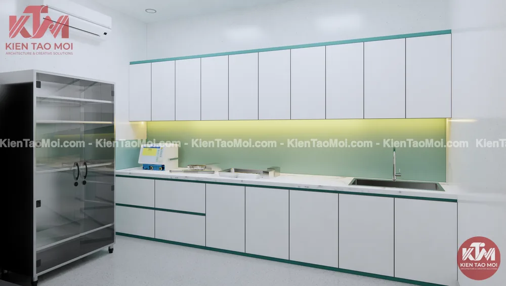 Phòng thanh trùng thiết kế phòng khám đa khoa, tủ inox bồn rửa