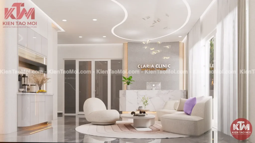 Thiết kế phòng khám da liễu Thảo Điền Quận 2, sảnh chờ trắng kem