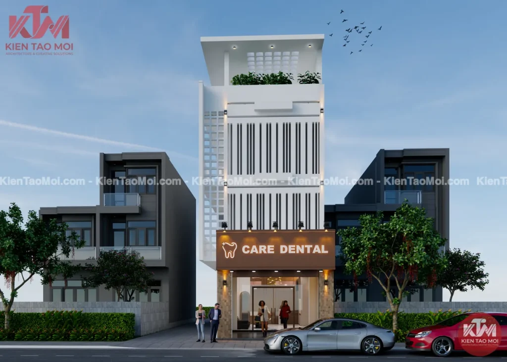 Thiết kế phòng khám nha khoa Care Dental 4 tầng mặt tiền trắng tại Quận 1