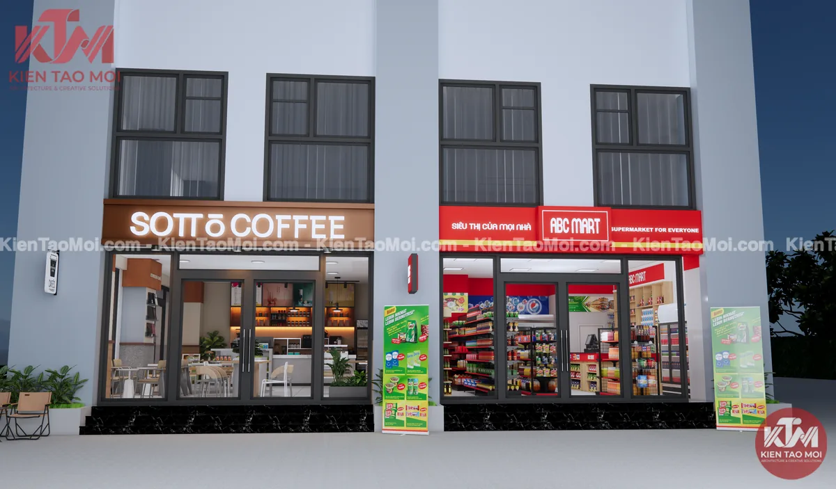 Chính diện mẫu thiết kế quán cafe kết hợp siêu thị, hai mặt tiền song song