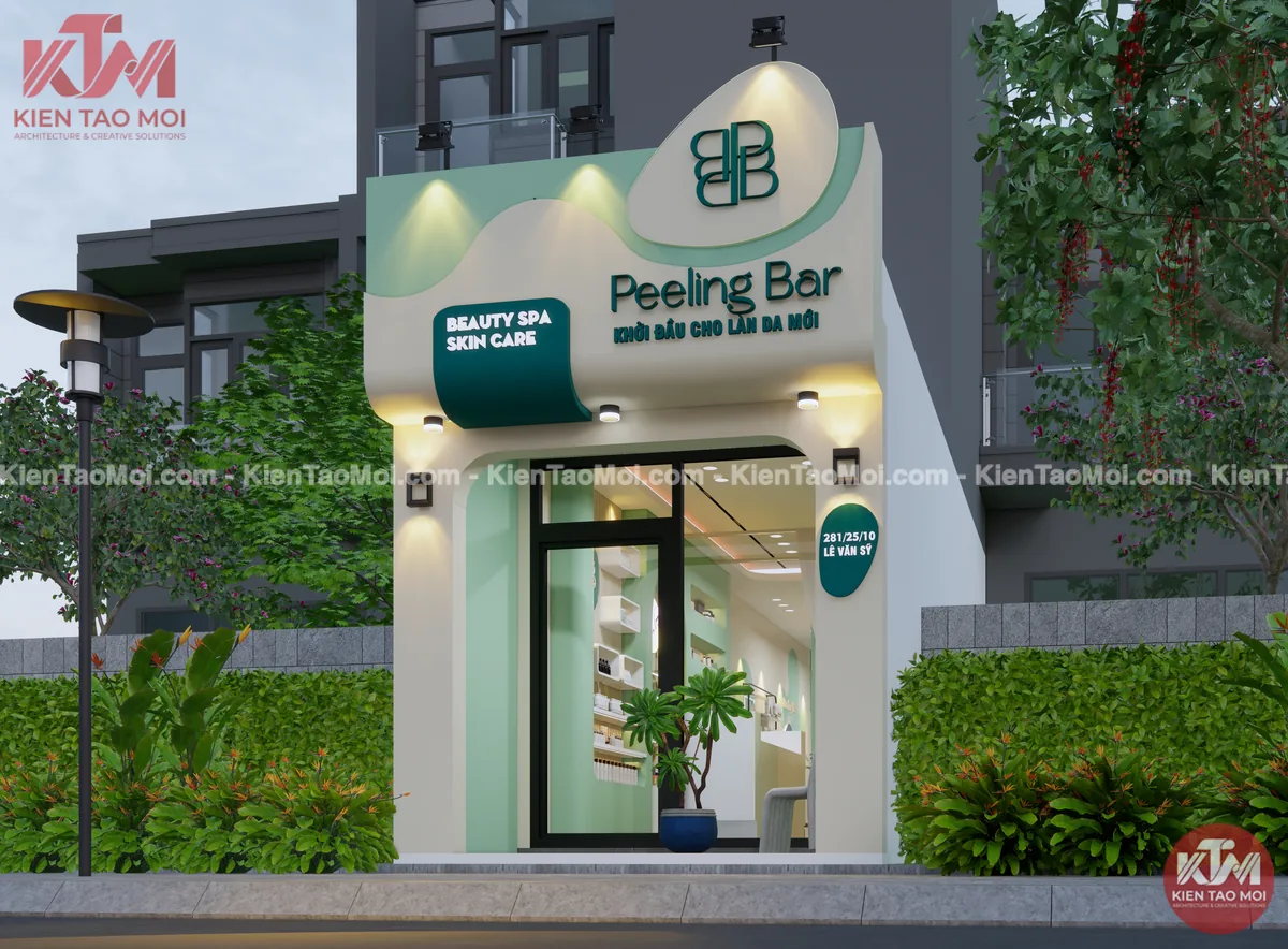 Thiết kế spa chăm sóc da liễu Lê Văn Sỹ Tân Bình, mặt tiền xanh mint