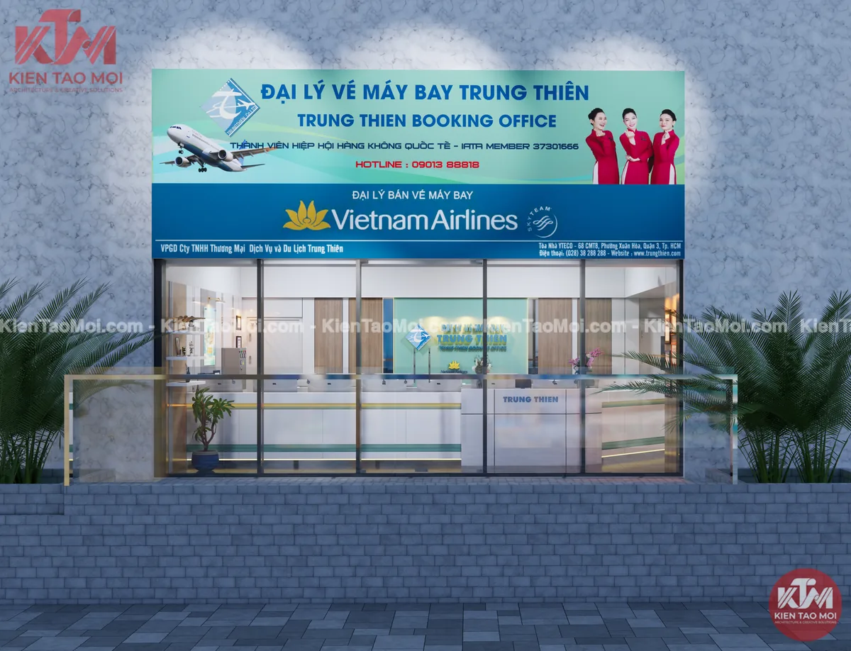Thiết kế văn phòng vé máy bay Trung Thiên mặt tiền kính cường lực tại Xuân Hòa