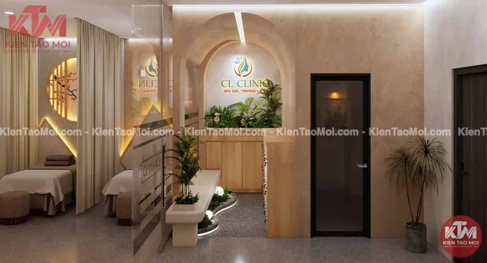 Tiểu cảnh cây xanh thiết kế phòng khám da liễu Tiểu cảnh cây xanh thiết kế phòng khám da liễu dưới vòm logo