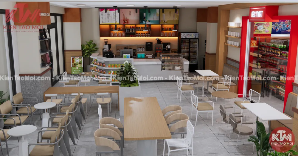 Toàn cảnh khu ngồi trong thiết kế quán cafe nhìn từ trên cao, nhiều kiểu bàn ghế